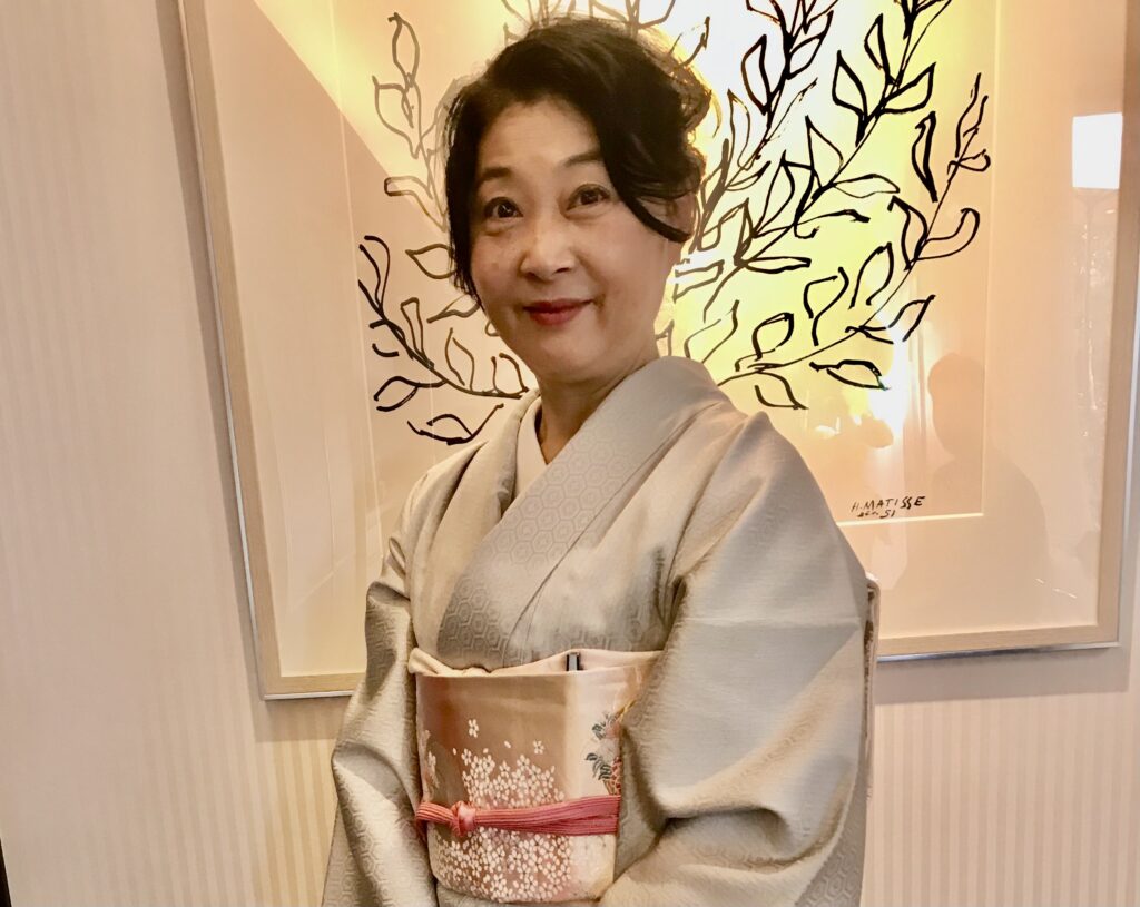 Tomoko Kawano, a Japanese dental clinic administrator, wearing a traditional kimono