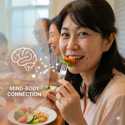 woman eating vegetables and chewing while enjoying a meal with others, showing mind-body connection