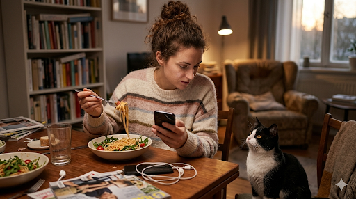 woman using smartphone while eating pasta at home, showing distracted eating habit