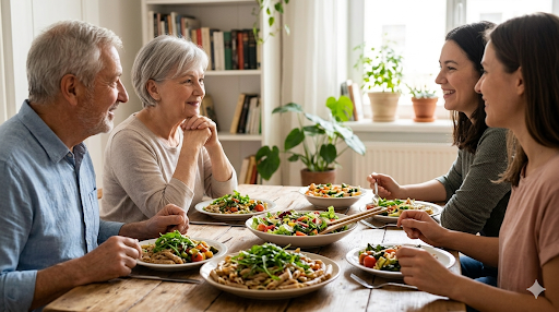 family eating together and enjoying a healthy meal, supporting chewing function and social well-being