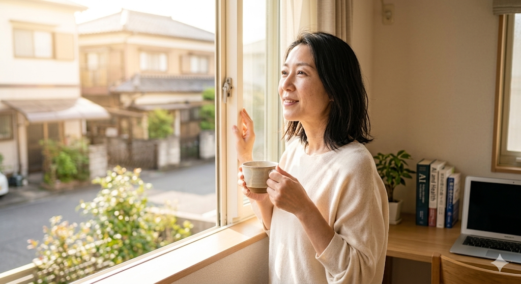 A 60-year-old woman standing by a bright window in the morning, holding a cup of tea, looking relaxed and refreshed.